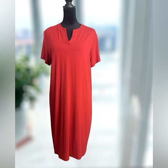 EILEEN FISHER Viscose Jersey Split Neck Dress Mandarin Size M - Picture 5 of 16